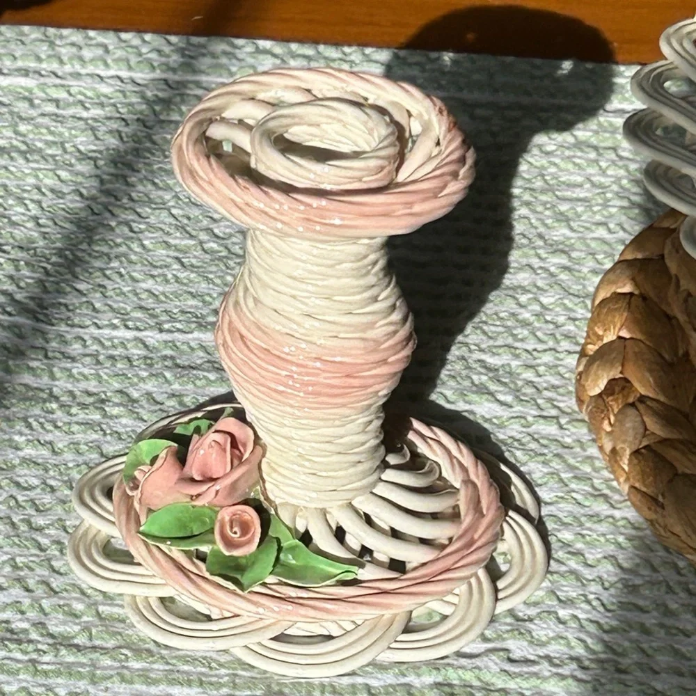 Whimsical Candlesticks Pair of 2 Rose Adorned Cream Pink 1991 Belleek Bev Sparks